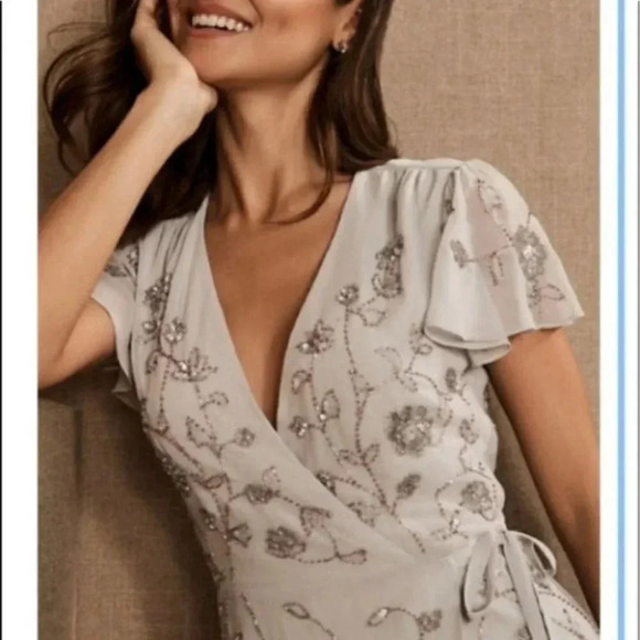 NWT Anthropologie BHLDN Plymouth Maxi Wrap Dress Fog Wedding Beaded Size 4 - Picture 13 of 14